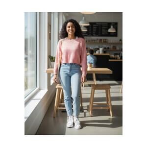 Abound Pointelle Knit Cropped Sweater Pink Hydrangea Large NEW Lightweight